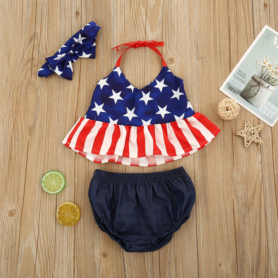 Baby American Flag Print Top and Denim Shorts Set for 4th of July